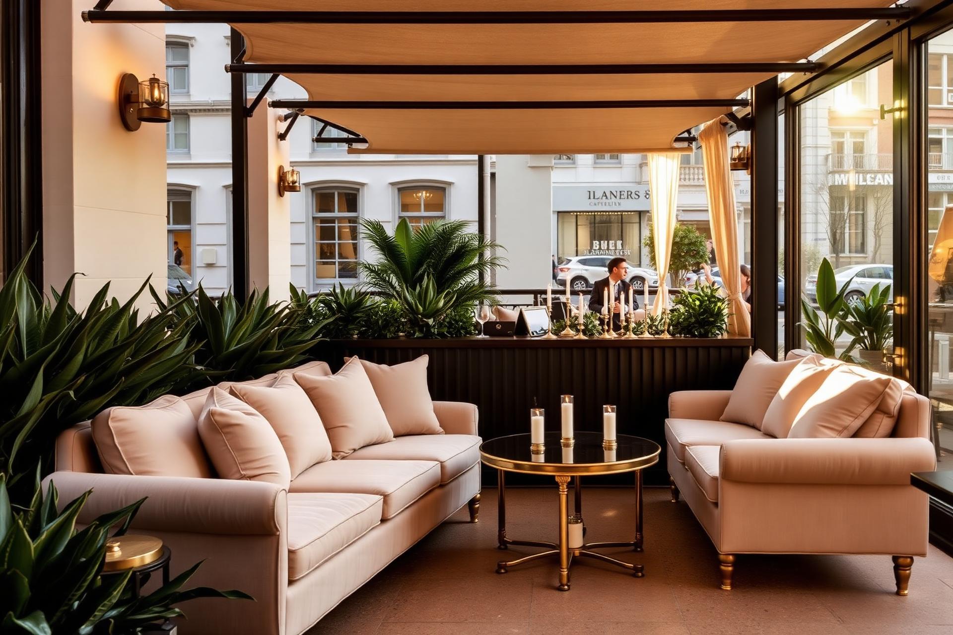 Het verlichte terras van het Grand Café