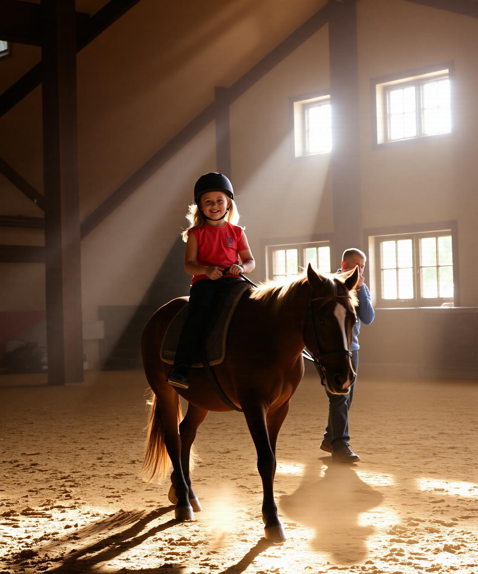 Kind op pony in de manege bij warm licht